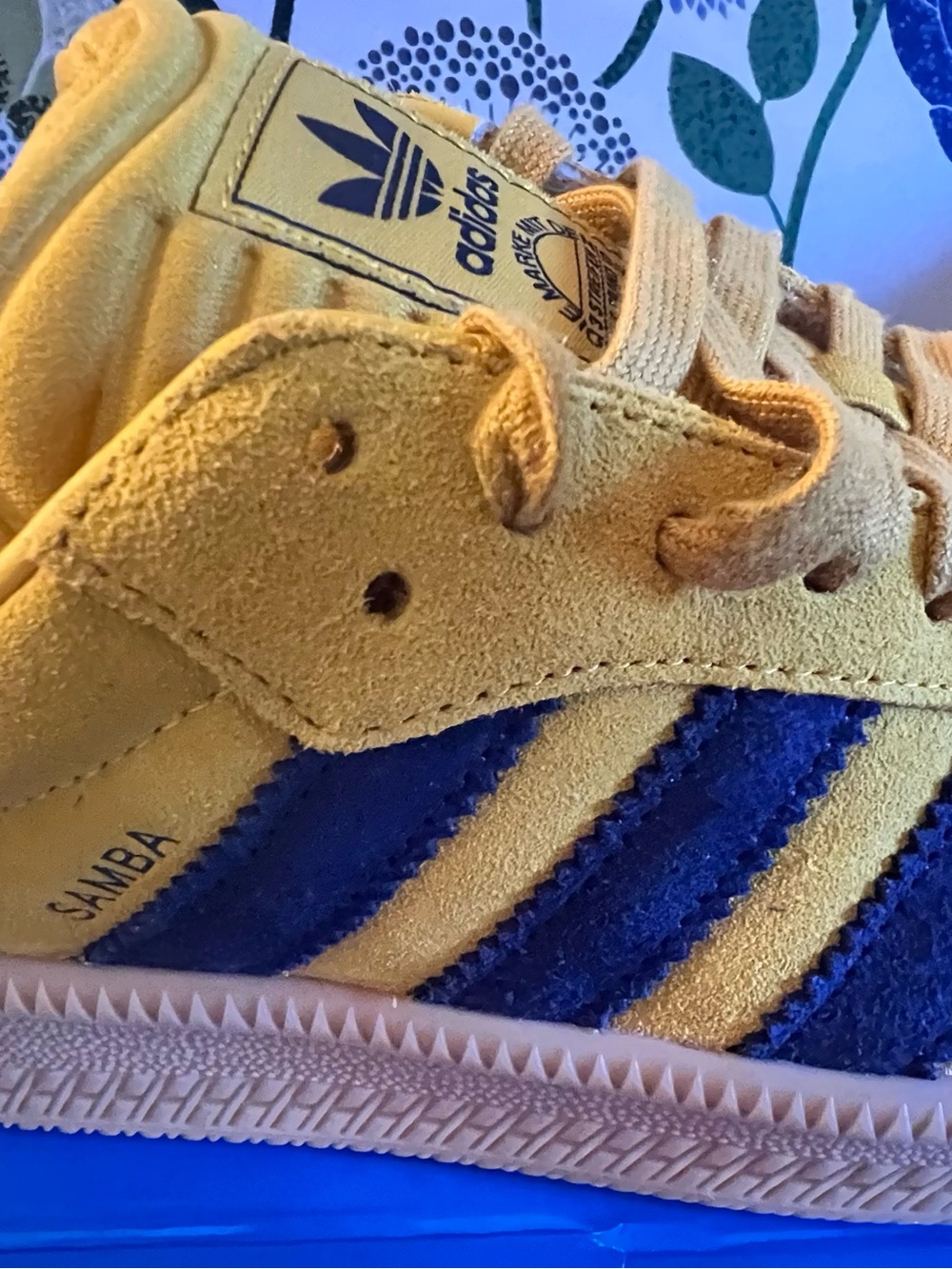 adidas Samba Suede Sneaker in Yellow with Blue Stripes